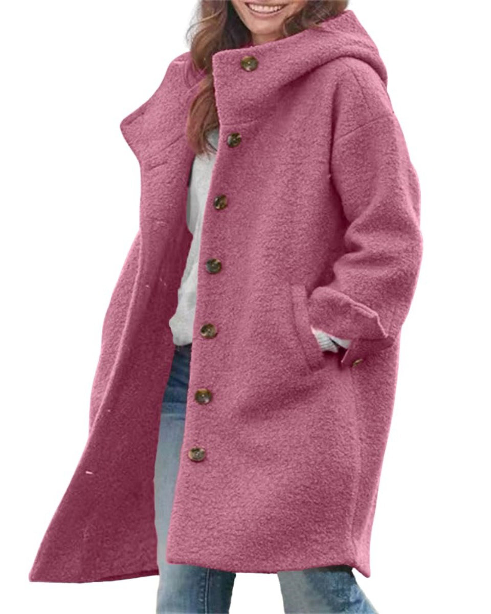 Chouyatou Women's Winter Single Breasted Long Wool Coat with Hood Casual Wool Blend Trench Coat Jacket