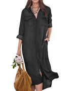 Chouyatou Women's Summer Casual Denim Shirt Dress Roll Up Long Sleeve Loose Maxi Shift Jean Dress