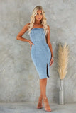 Chouyatou Denim Dress for Women Strapless Sleeveless Side Slit Sexy Skinny Bodycon Midi Jean Tube Dresses for Women