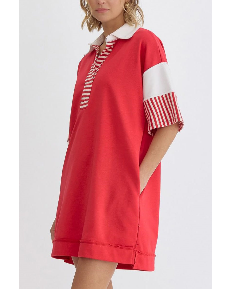 Chouyatou Women's Summer V-Neck Polo Collared Mini Dress Loose Casual Striped Splicing T-Shirt Dress