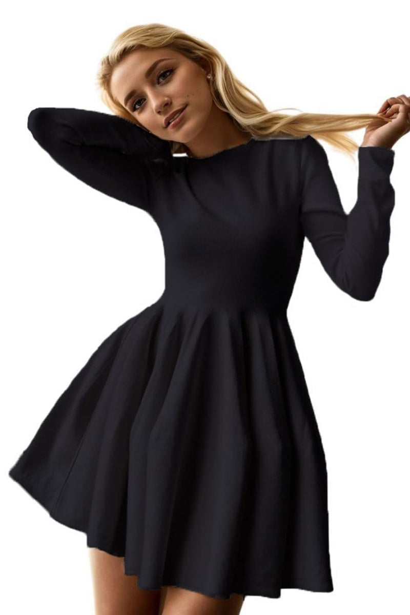 Chouyatou Women Basic Sweater Dress Long Sleeve Pleated Flared Knitted CHOUYATOU Chouyatou Women Basic Sweater Dress Long Sleeve Pleated Flared Knitted CHOUYATOU