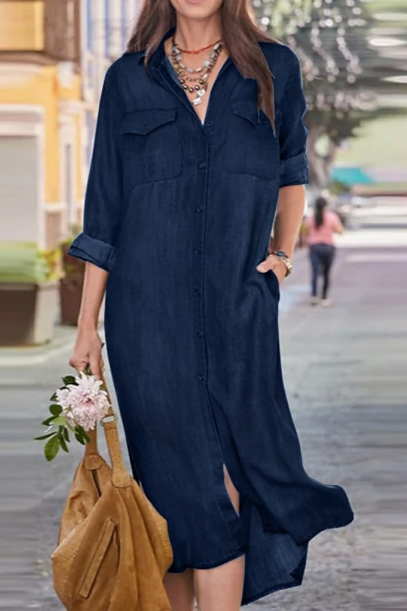 Chouyatou Women's Summer Casual Denim Shirt Dress Roll Up Long Sleeve CHOUYATOU Chouyatou Women's Summer Casual Denim Shirt Dress Roll Up Long Sleeve CHOUYATOU