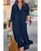 Chouyatou Women's Summer Casual Denim Shirt Dress Roll Up Long Sleeve Loose Maxi Shift Jean Dress