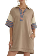 Chouyatou Women's Summer V-Neck Polo Collared Mini Dress Loose Casual Striped Splicing T-Shirt Dress