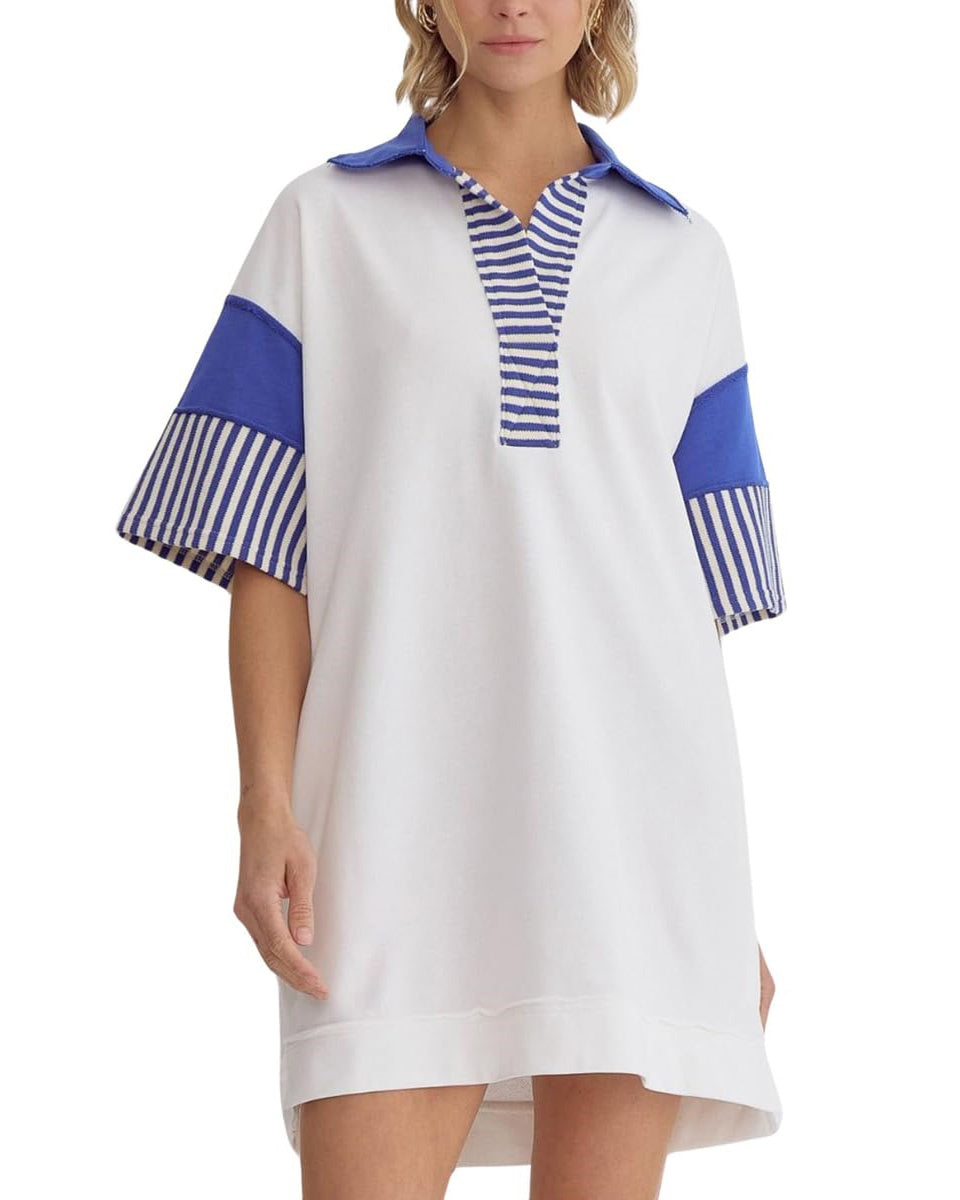 Chouyatou Women's Summer V-Neck Polo Collared Mini Dress Loose Casual Striped Splicing T-Shirt Dress