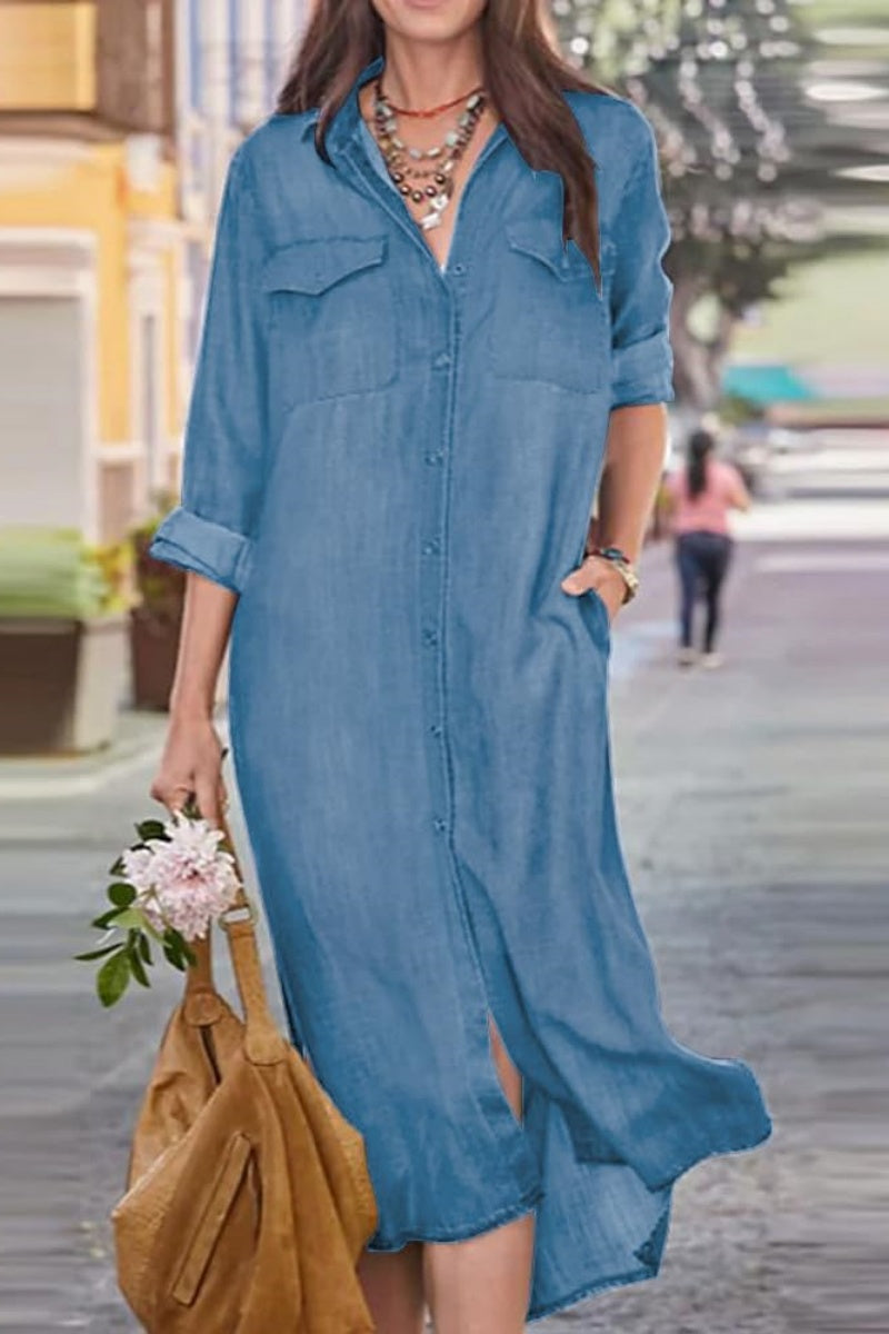 Chouyatou Women's Summer Casual Denim Shirt Dress Roll Up Long Sleeve CHOUYATOU Chouyatou Women's Summer Casual Denim Shirt Dress Roll Up Long Sleeve CHOUYATOU