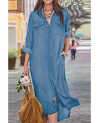 Chouyatou Women's Summer Casual Denim Shirt Dress Roll Up Long Sleeve Loose Maxi Shift Jean Dress