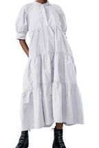 Chouyatou Women's Summer Puff Sleeve Maxi Tiered Babydoll Dress Casual A-Line Swing Long Shirt Dress