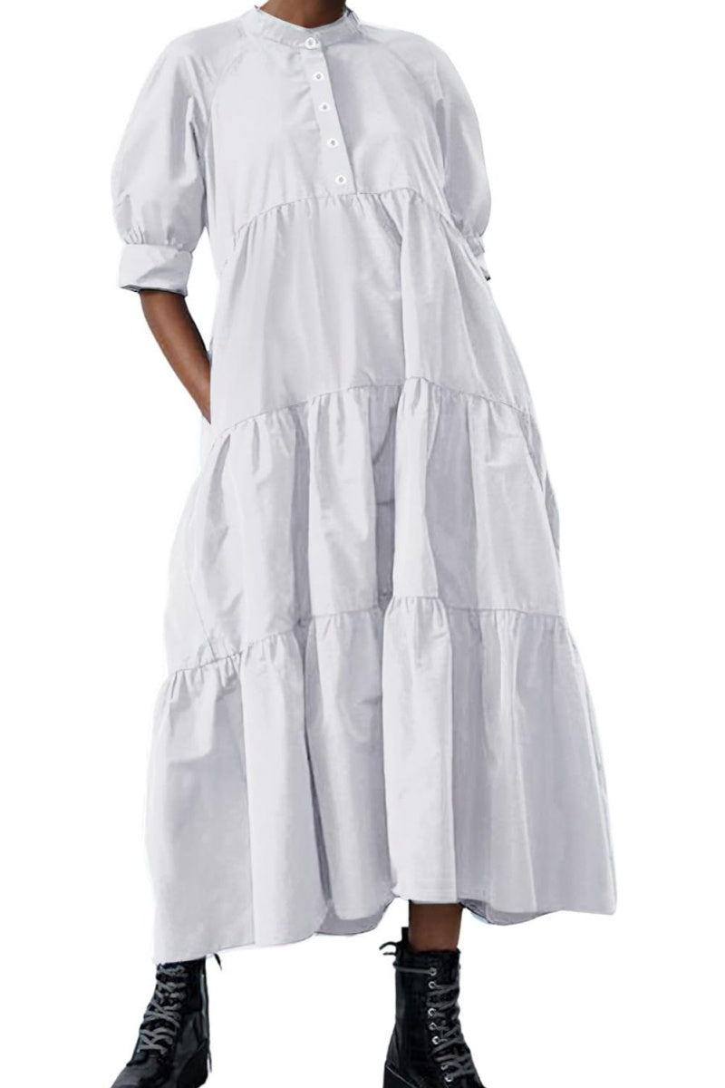 Chouyatou Women's Summer Puff Sleeve Maxi Tiered Babydoll Dress Casual A-Line Swing Long Shirt Dress