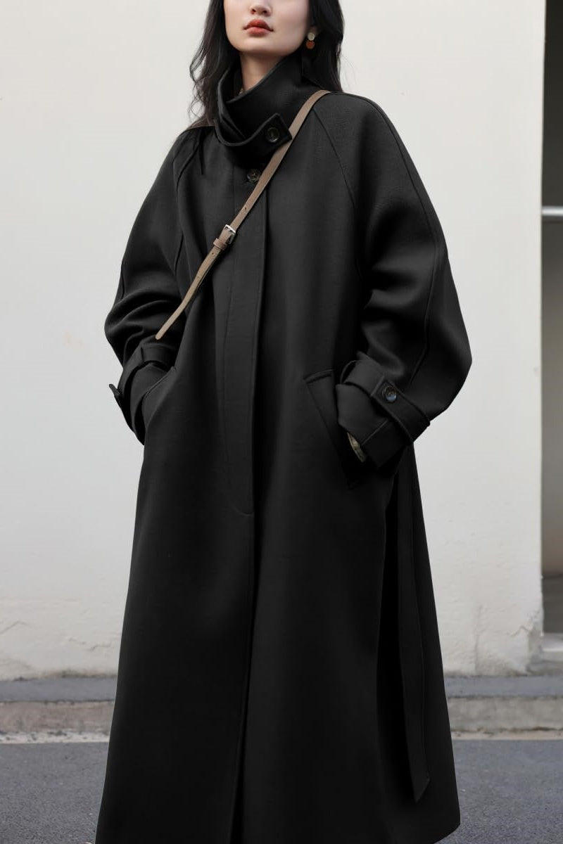 Chouyatou Women's Winter Hidden Single Breasted Wool Coat Raglan Sleeve Business Long Wool Overcoat