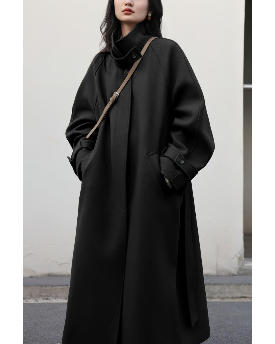 Chouyatou Women's Winter Hidden Single Breasted Wool Coat Raglan Sleeve Business Long Wool Overcoat
