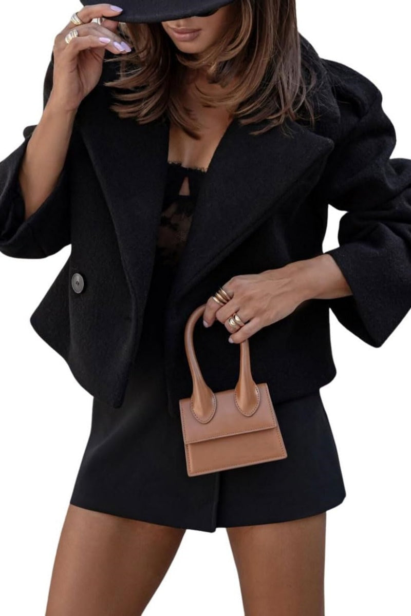 Chouyatou Women Crop Pea Coat Wool Blend Office Work Lapel Collar Short Winter Jacket Trench Coat