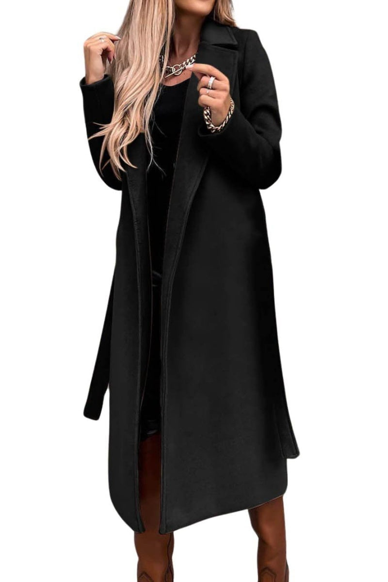 Chouyatou Womens Long Wool Pea Coats Notched Collar Open Front Woolen Blend Trench Coat with Belt