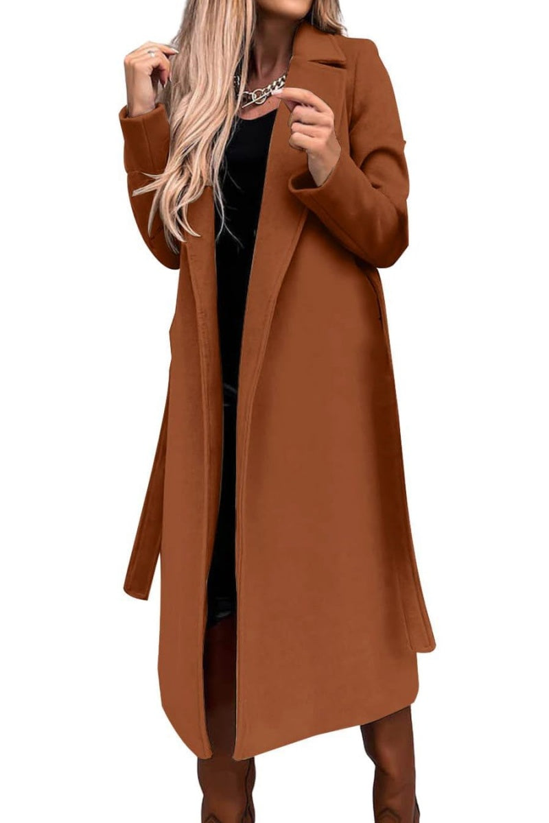Chouyatou Womens Long Wool Pea Coats Notched Collar Open Front Woolen Blend Trench Coat with Belt