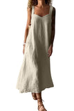 Chouyatou Women's Summer Spaghetti Strap Sleeveless Linen Overall Dress Casual A-Line Midi Long Beach Dress