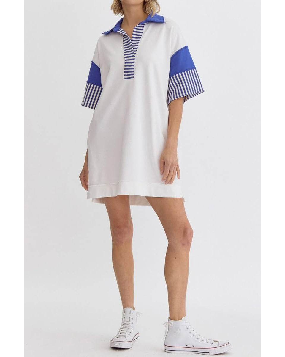 Chouyatou Women's Summer V-Neck Polo Collared Mini Dress Loose Casual Striped Splicing T-Shirt Dress