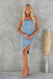 Chouyatou Denim Dress for Women Strapless Sleeveless Side Slit Sexy Skinny Bodycon Midi Jean Tube Dresses for Women