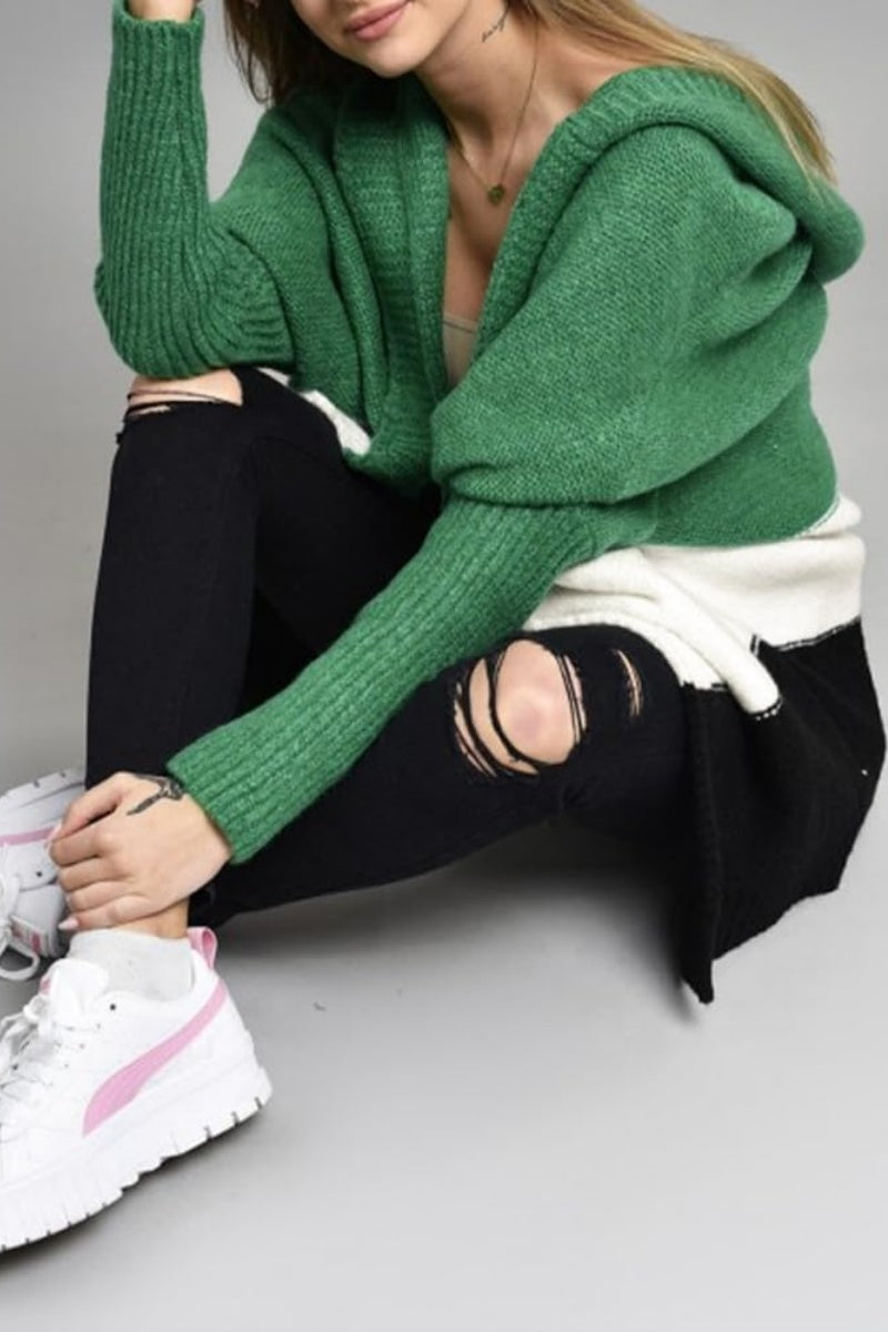 Chouyatou Women's Color Block Hooded Cardigan Casual Loose Open Front Ribbed Knit Long Coatigan Sweater