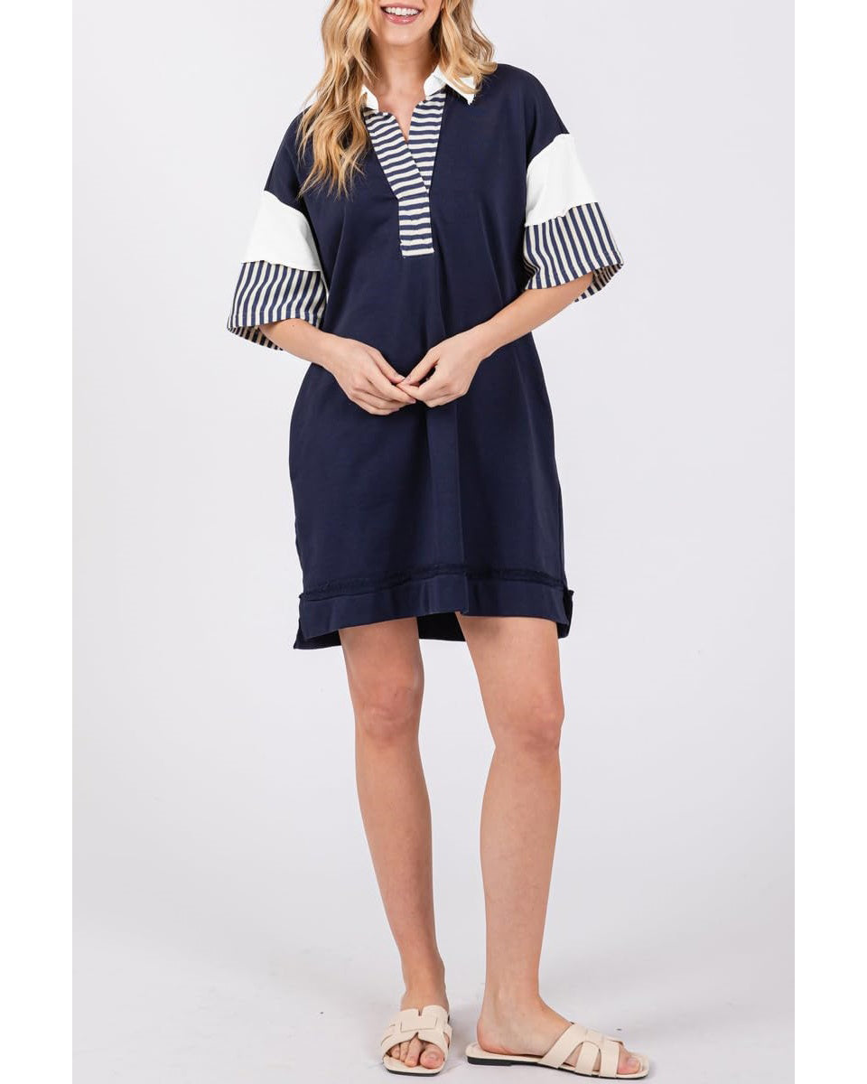 Chouyatou Women's Summer V-Neck Polo Collared Mini Dress Loose Casual Striped Splicing T-Shirt Dress