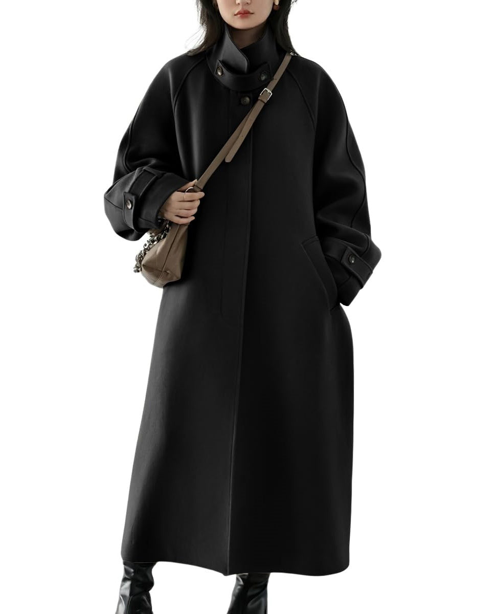 Chouyatou Women's Winter Hidden Single Breasted Wool Coat Raglan Sleeve Business Long Wool Overcoat