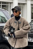 Chouyatou Women's Collarless Button Down Sherpa Fleece Jacket Loose Long Sleeve Outwear Coat With Pockets