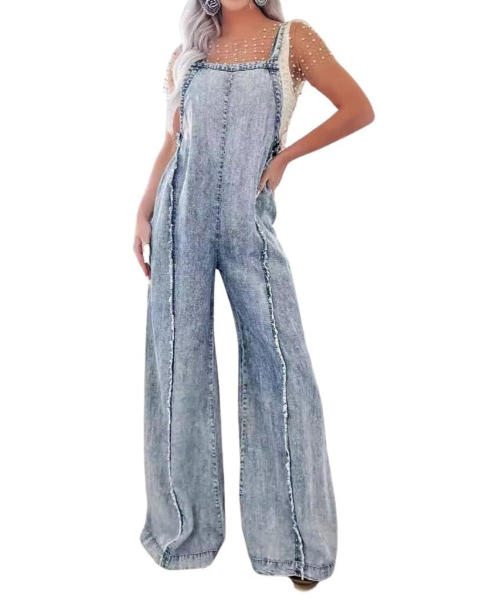 Chouyatou Denim Overalls for Women Casual Adjustable Straps Wide Leg Raw Hem Jeans Bib Overalls Jumpsuits