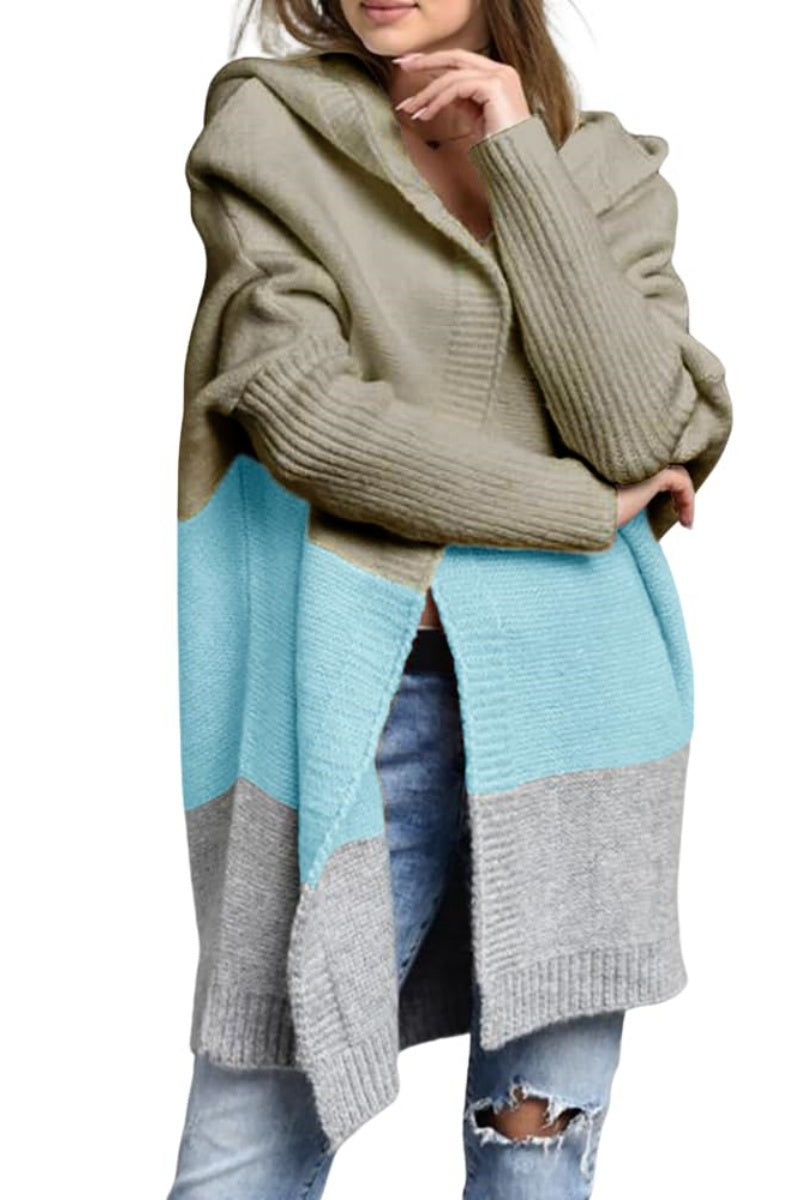 Chouyatou Women's Color Block Hooded Cardigan Casual Loose Open Front Ribbed Knit Long Coatigan Sweater