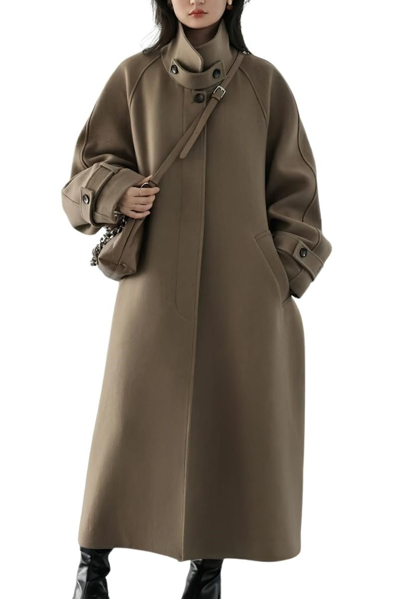 Chouyatou Women's Winter Hidden Single Breasted Wool Coat Raglan Sleeve Business Long Wool Overcoat