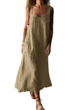 Chouyatou Women's Summer Spaghetti Strap Sleeveless Linen Overall Dress Casual A-Line Midi Long Beach Dress