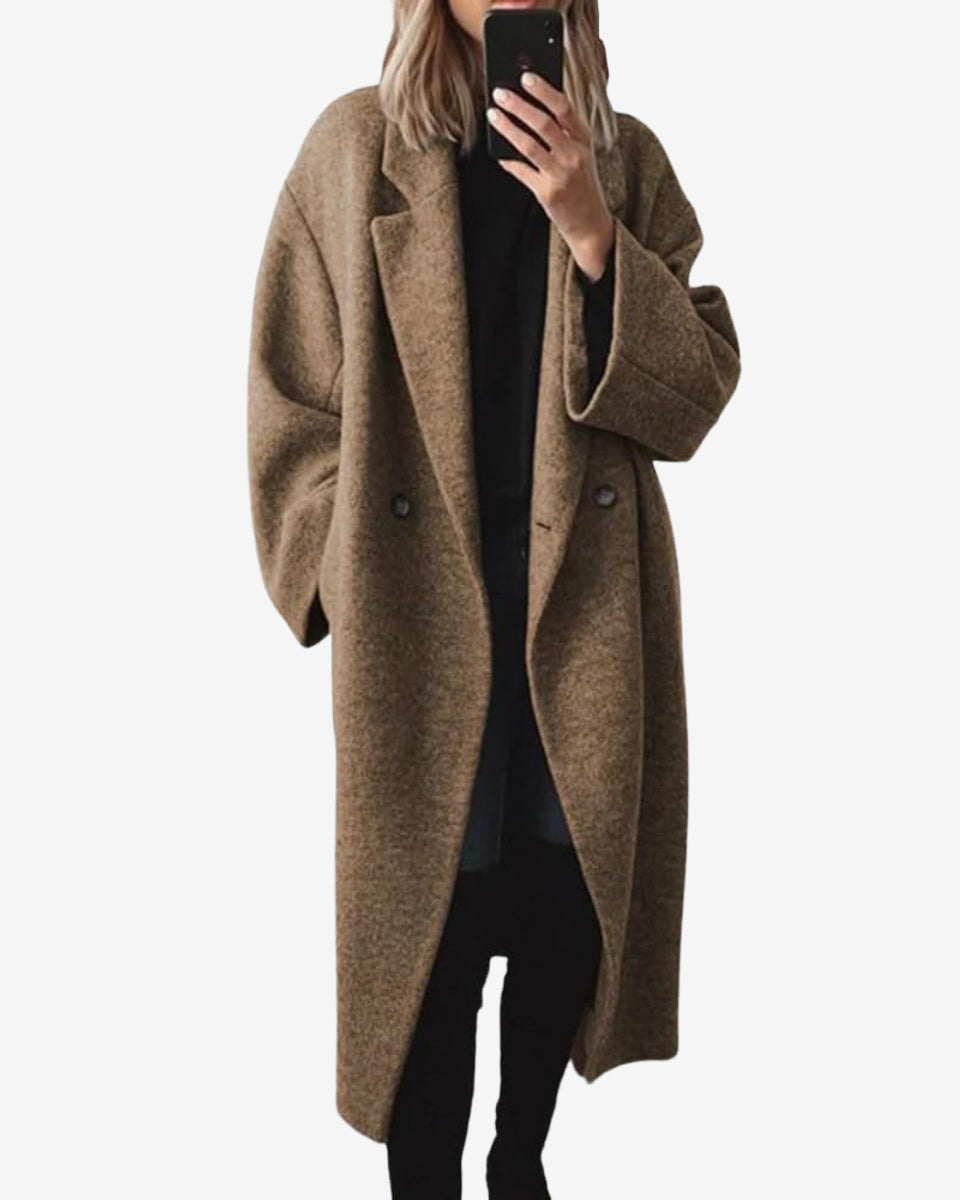 Chouyatou Women's Winter Double Breasted Wool Coat Long Sleeve Notch Lapel Long Trench Coat