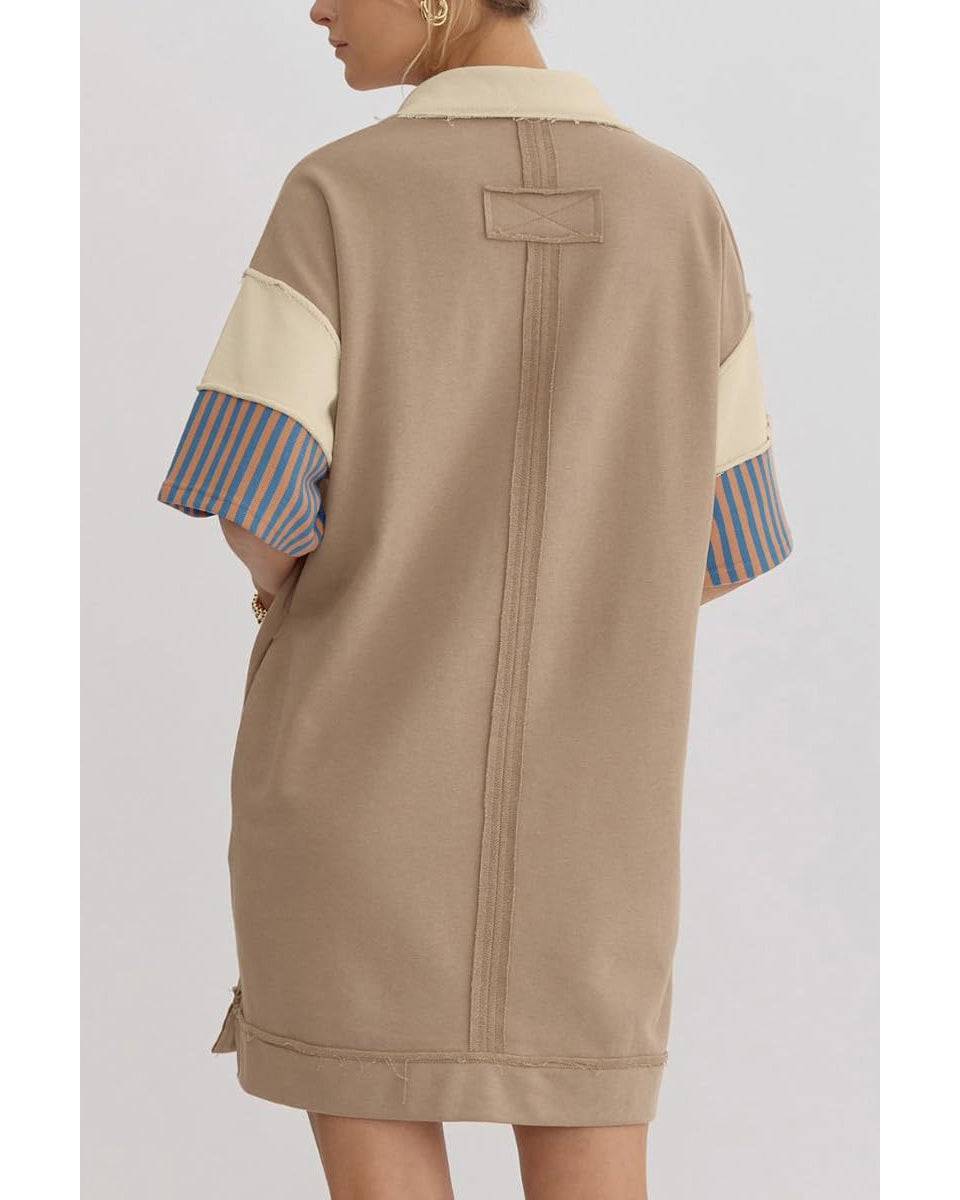 Chouyatou Women's Summer V-Neck Polo Collared Mini Dress Loose Casual Striped Splicing T-Shirt Dress
