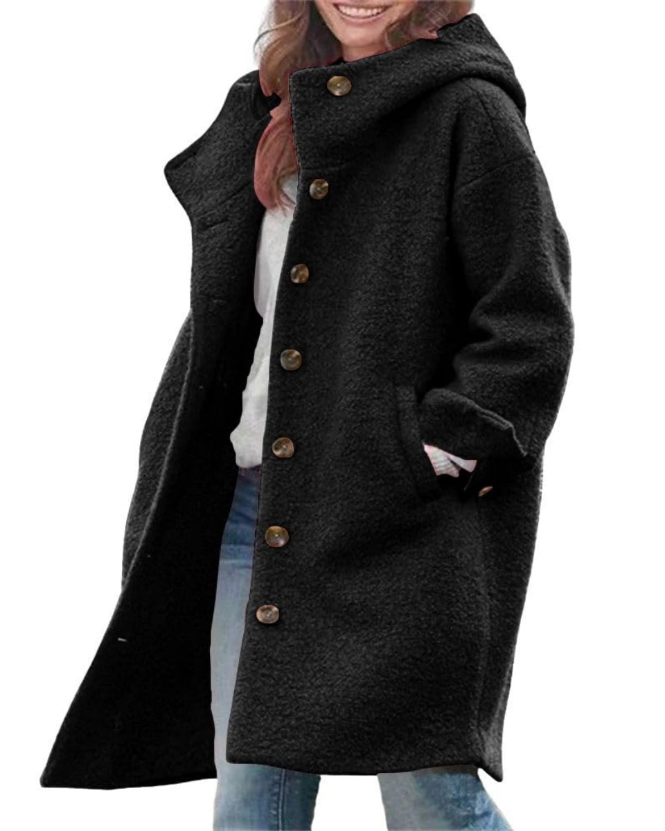Chouyatou Women's Winter Single Breasted Long Wool Coat with Hood Casual Wool Blend Trench Coat Jacket