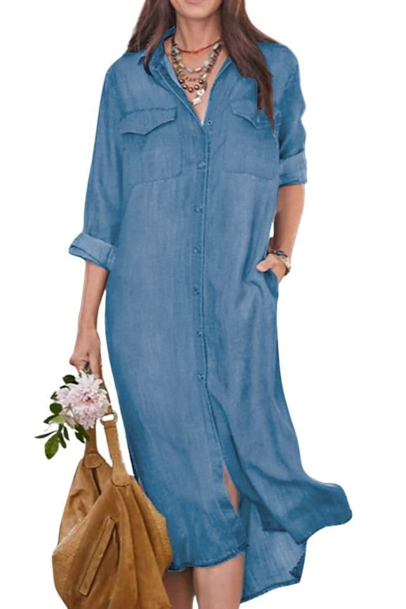 Chouyatou Women's Summer Casual Denim Shirt Dress Roll Up Long Sleeve Loose Maxi Shift Jean Dress