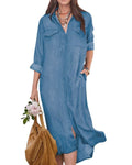 Chouyatou Women's Summer Casual Denim Shirt Dress Roll Up Long Sleeve Loose Maxi Shift Jean Dress