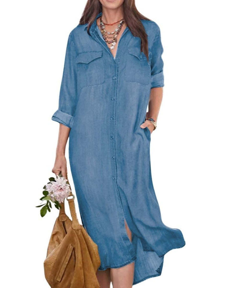 Chouyatou Women's Summer Casual Denim Shirt Dress Roll Up Long Sleeve Loose Maxi Shift Jean Dress