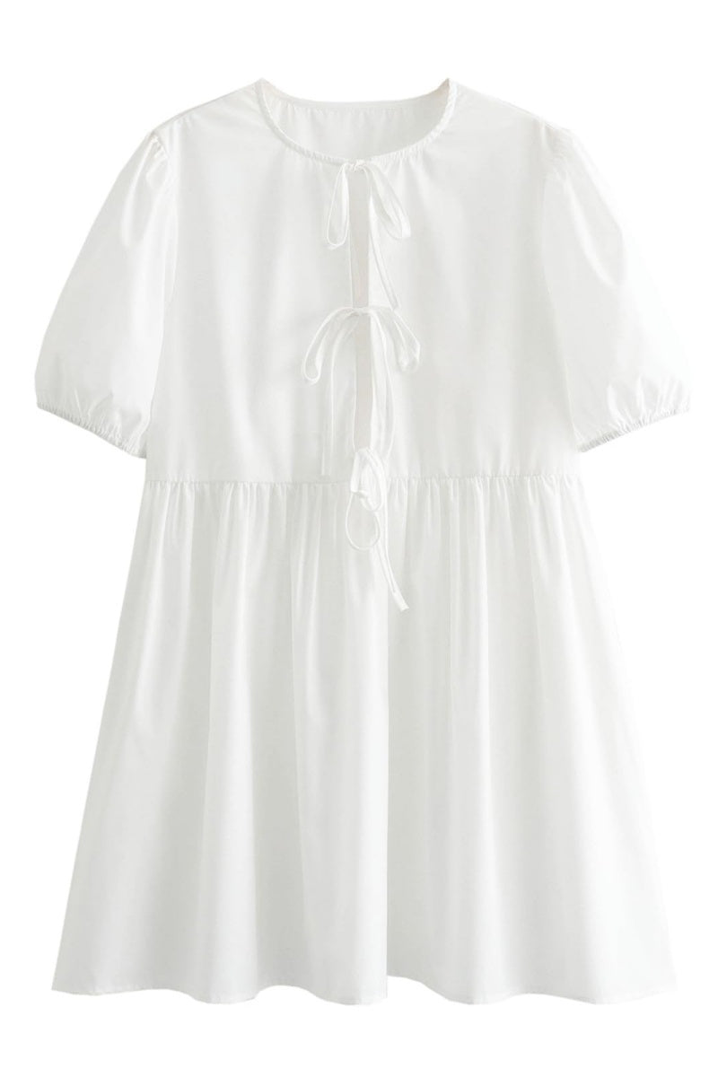 Chouyatou Women's Cute Bow Tie Front Mini Dress Babydoll Puff Short Sleeve Dresses Ruffle Y2k Peplum Sundress
