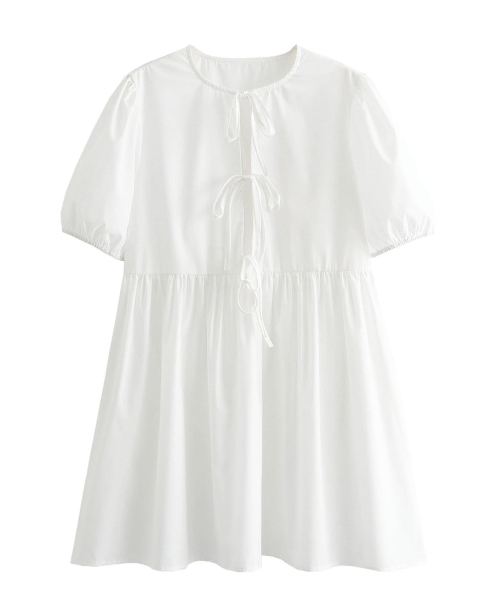 Chouyatou Women's Cute Bow Tie Front Mini Dress Babydoll Puff Short Sleeve Dresses Ruffle Y2k Peplum Sundress