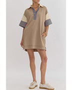 Chouyatou Women's Summer V-Neck Polo Collared Mini Dress Loose Casual Striped Splicing T-Shirt Dress