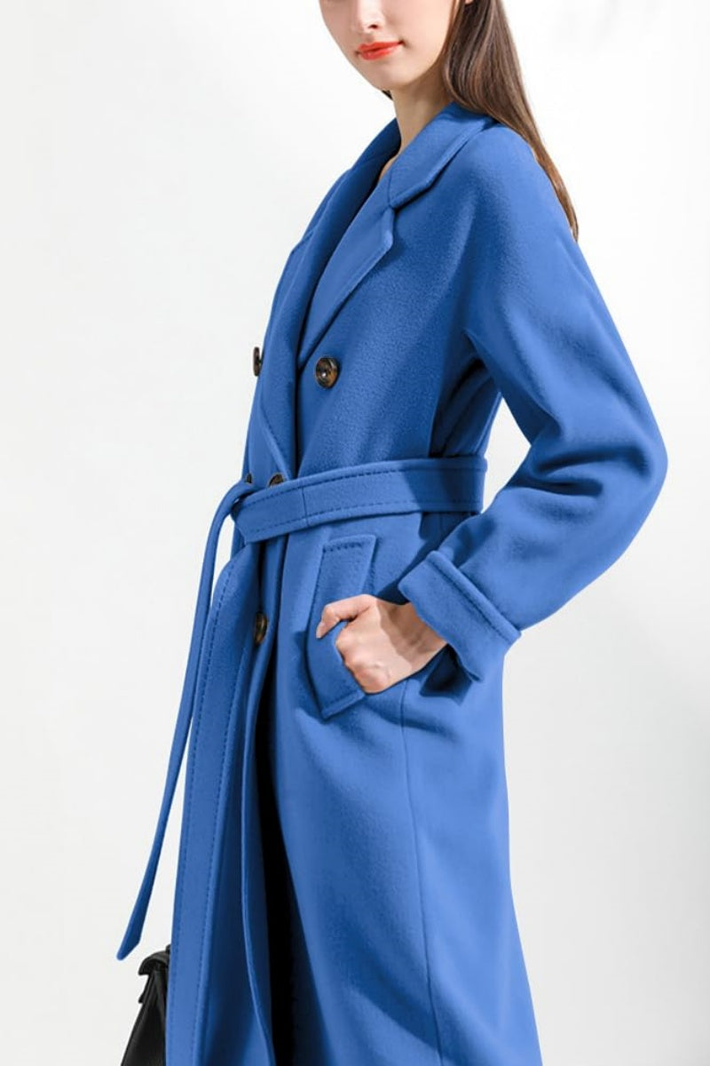 Chouyatou Women's Winter Double Breasted Wool Coat Business Casual Midi Long Winter Trench Coat with Belt