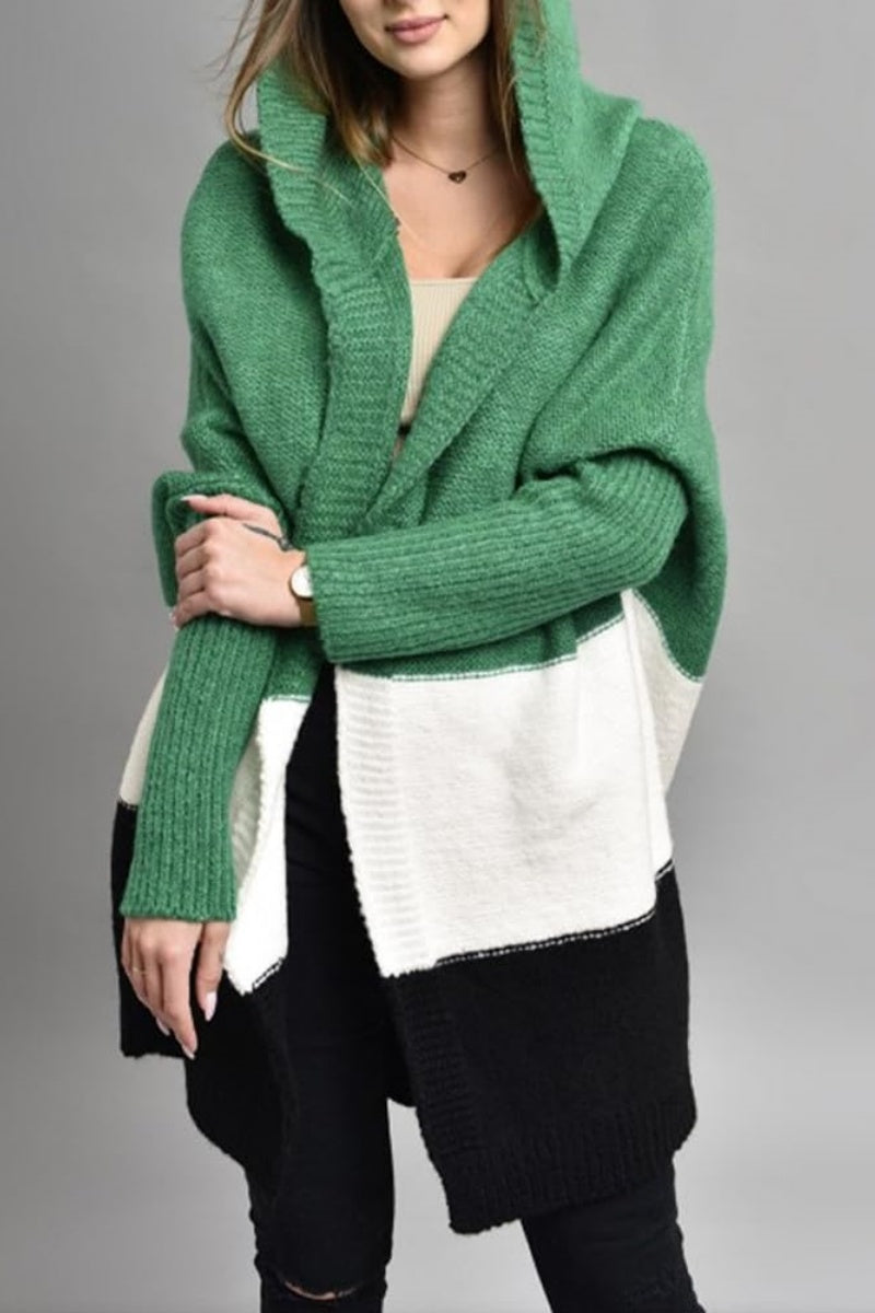 Chouyatou Women's Color Block Hooded Cardigan Casual Loose Open Front Ribbed Knit Long Coatigan Sweater