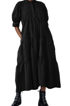 Chouyatou Women's Summer Puff Sleeve Maxi Tiered Babydoll Dress Casual A-Line Swing Long Shirt Dress