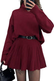 Chouyatou Women's 2 Piece Sweater Skirt Sets Turtleneck Pullover Tops Mini Pleated Skirt Two Piece Knitted Outfits