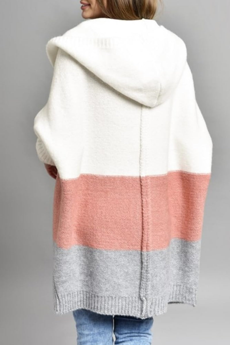 Chouyatou Women's Color Block Hooded Cardigan Casual Loose Open Front Ribbed Knit Long Coatigan Sweater