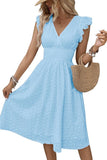 Chouyatou Women's 2024 Eyelet Lace Embroidery Smocked Waist Party Dress Sexy Flutter Sleeve A Line Midi Long Sun Dress