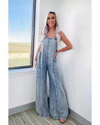 Chouyatou Denim Overalls for Women Casual Adjustable Straps Wide Leg Raw Hem Jeans Bib Overalls Jumpsuits