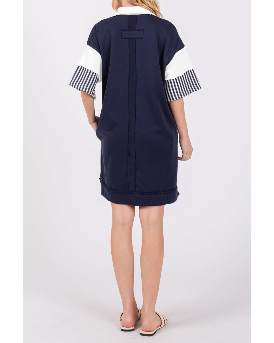 Chouyatou Women's Summer V-Neck Polo Collared Mini Dress Loose Casual Striped Splicing T-Shirt Dress
