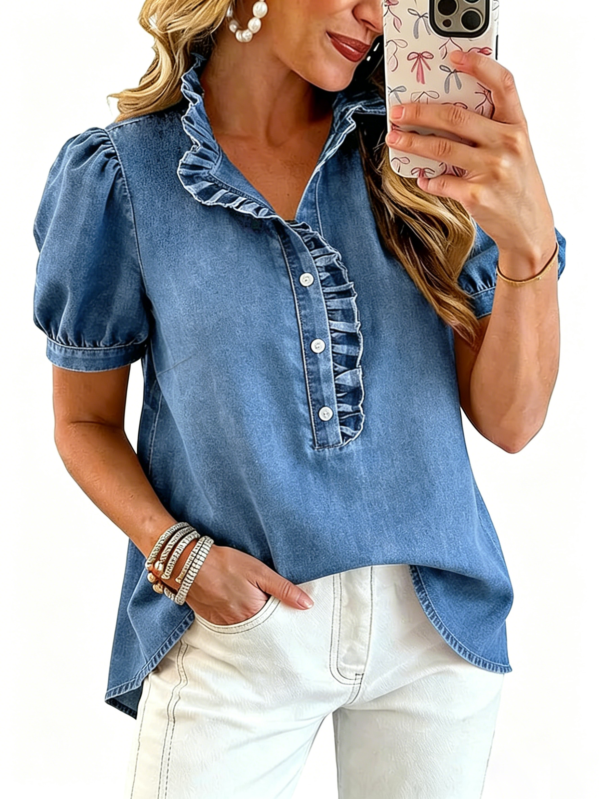 Chouyatou Denim Shirt Women Y2k Ruffle Denim Top Button Down Jean Shirt Summer Puff Short Sleeve Blouse