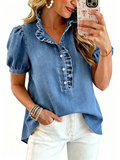 CHOUYATOU Denim Shirt Women Y2k Ruffle Denim Top Button Down Jean Shirt 2026 Summer Puff Short Sleeve Blouse