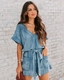 Chouyatou Women's Ruffle V Neck Denim Shorts Jumpsuit Short Sleeve Poccketed Jean Rompers with Belt
