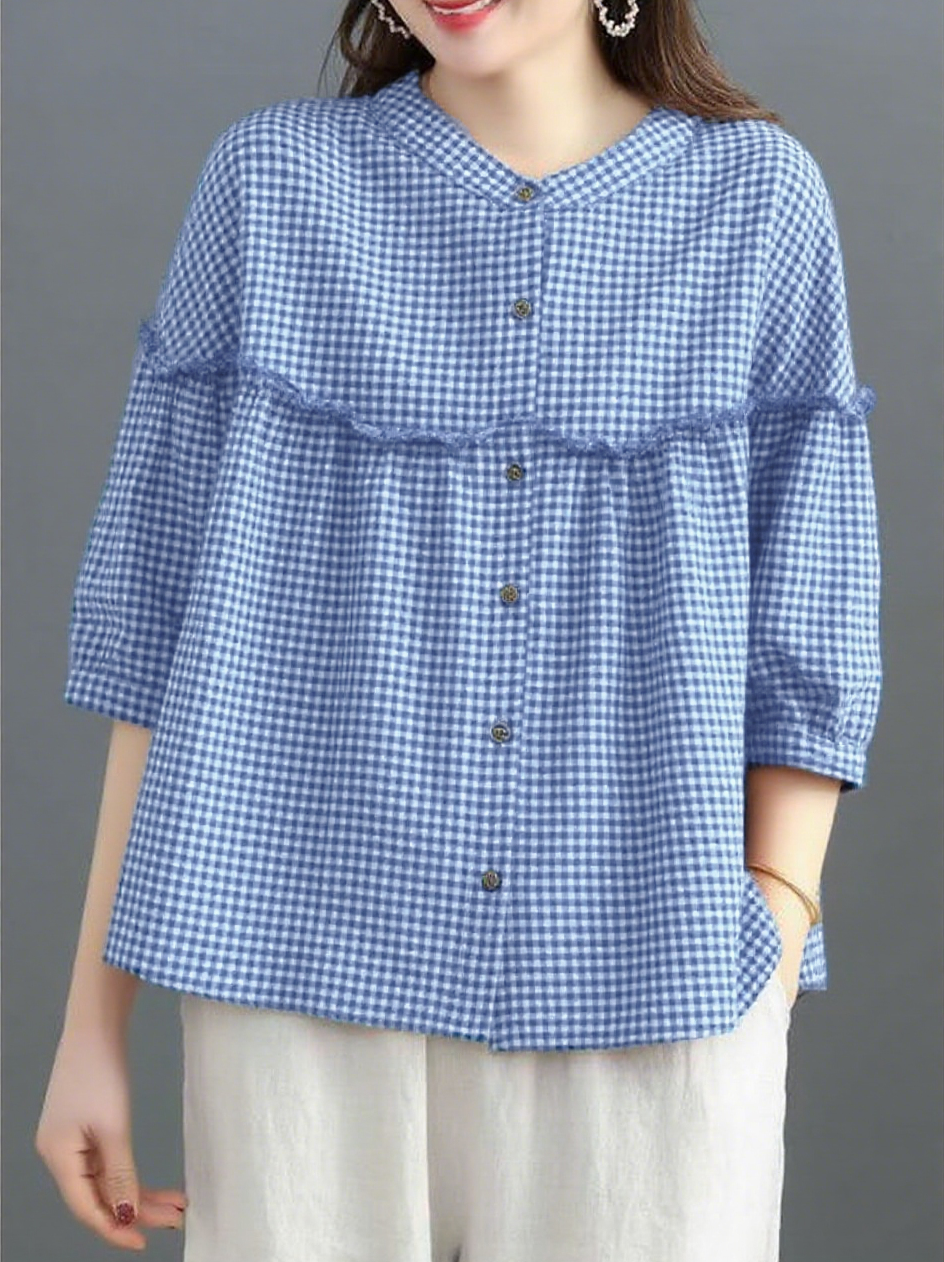 UTCOCO Womens Plaid Button Down Shirts Casual Loose Fit 3/4 Sleeve Gingham Top Checkered Blouses